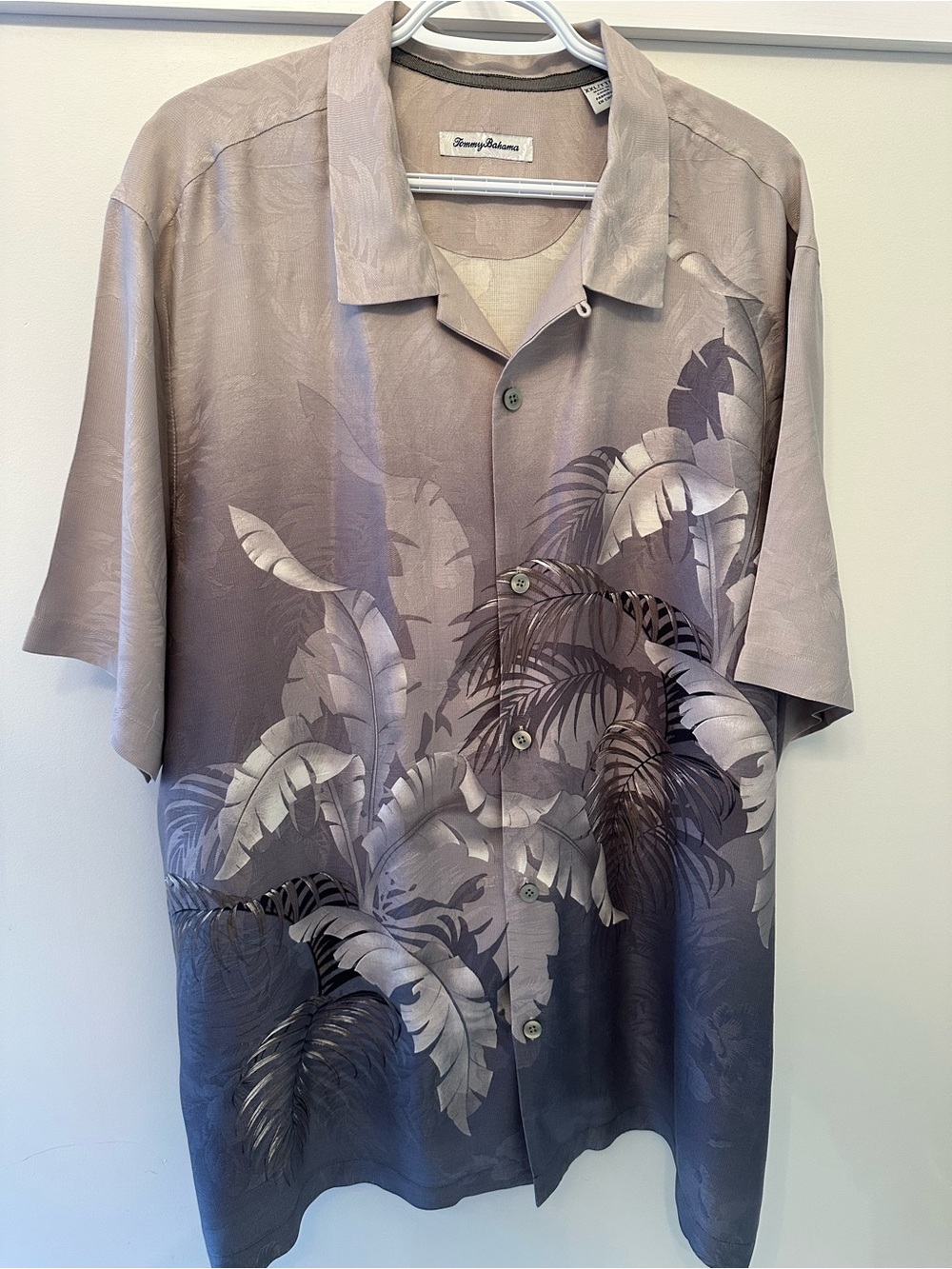 Tommy Bahama Short-Sleeve Camp Shirt in Taupe and Gray Palm Print